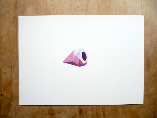 gouache painting of pink diamond with blue dots