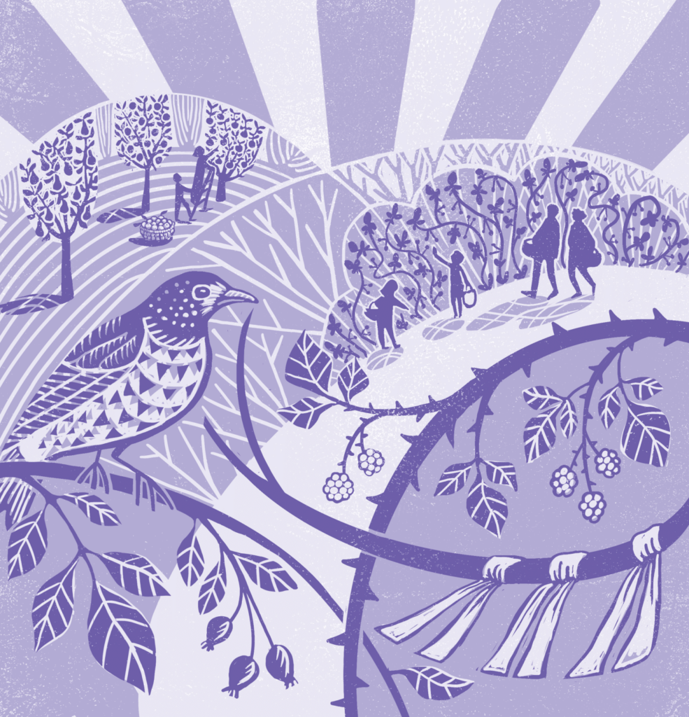 An illustration in shades of purple and white. In the foreground there is a small bird on a branch. In the background there are families walking through nature, trees and the suns shining behind the hills.