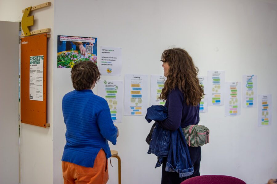 Two women, one with short hair, a blue jumper and orange trousers, the other with a black and pink bumbag on, standing looking at a wall with print outs on.