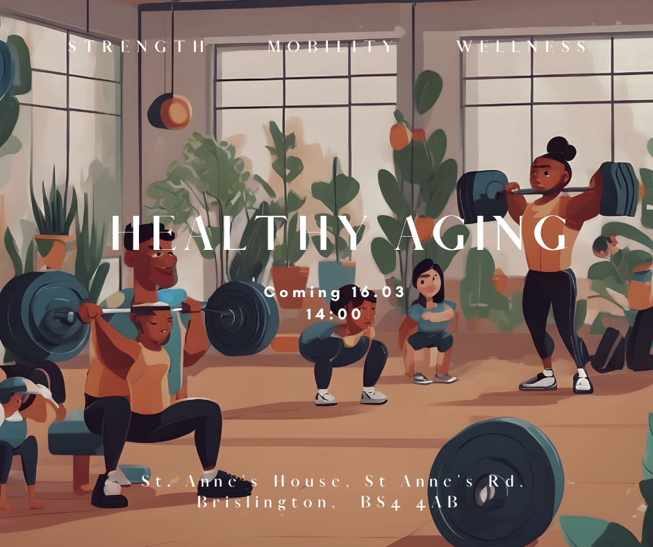 A graphic with the words 'healthy ageing' on and illustrated people in the background lifting weights.