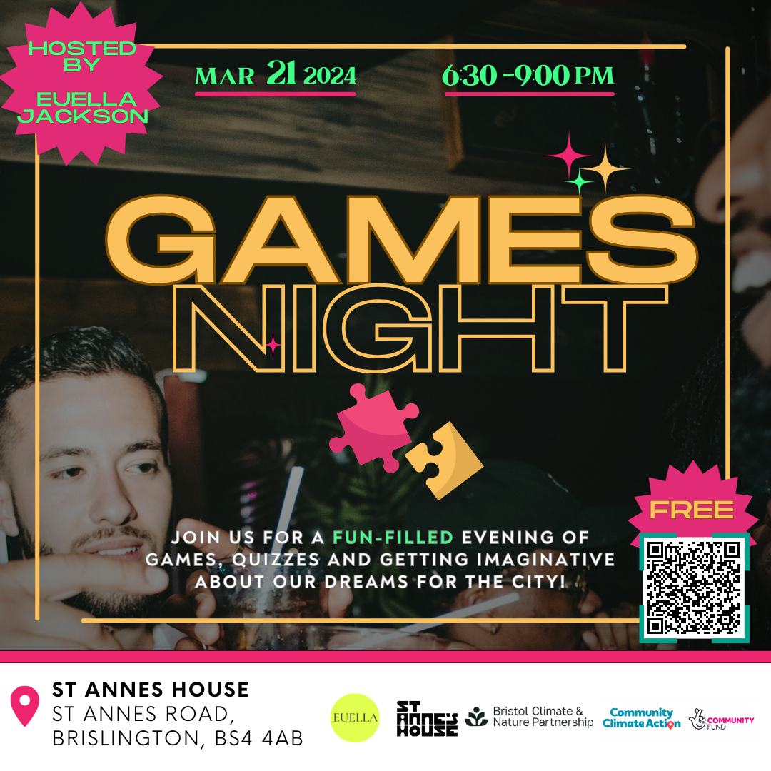 A bold infographic with the words 'GAMES NIGHT' in a gold with a background photo of a male playing a game.