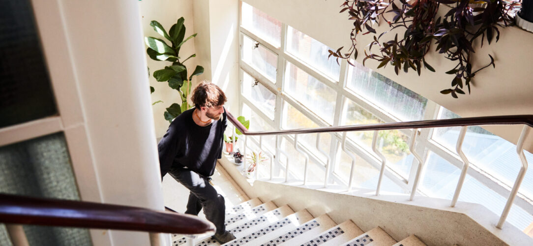 A person walking up stairs with bright windows and plants casting colour and light onto the stairs.